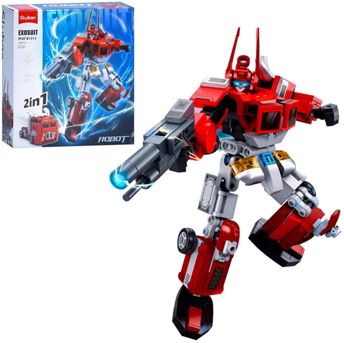Sluban exosuite robotlastbil byggelegetøj 2i1 actionfigur - byggelegetøj - byggesæt med 260 byggeklodser - m38-b1313 - fra 6 år