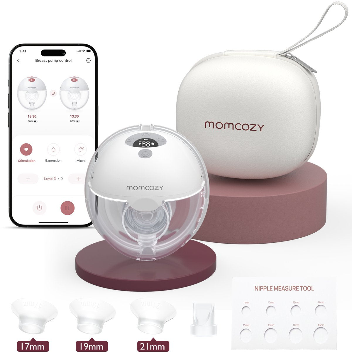 Momcozy m5 smart – håndfri brystpumpe – 1 stk – elektrisk – lydløs kompakt – med brystskjoldindsatser – hvid grå