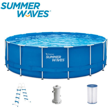 Sommerbølger indrammer pool rund - ⌀457 x 122 cm - svømmebassiner - inklusive filterpumpe - poolpumpe - låg - jordklud - stige - vedligeholdelsessæt