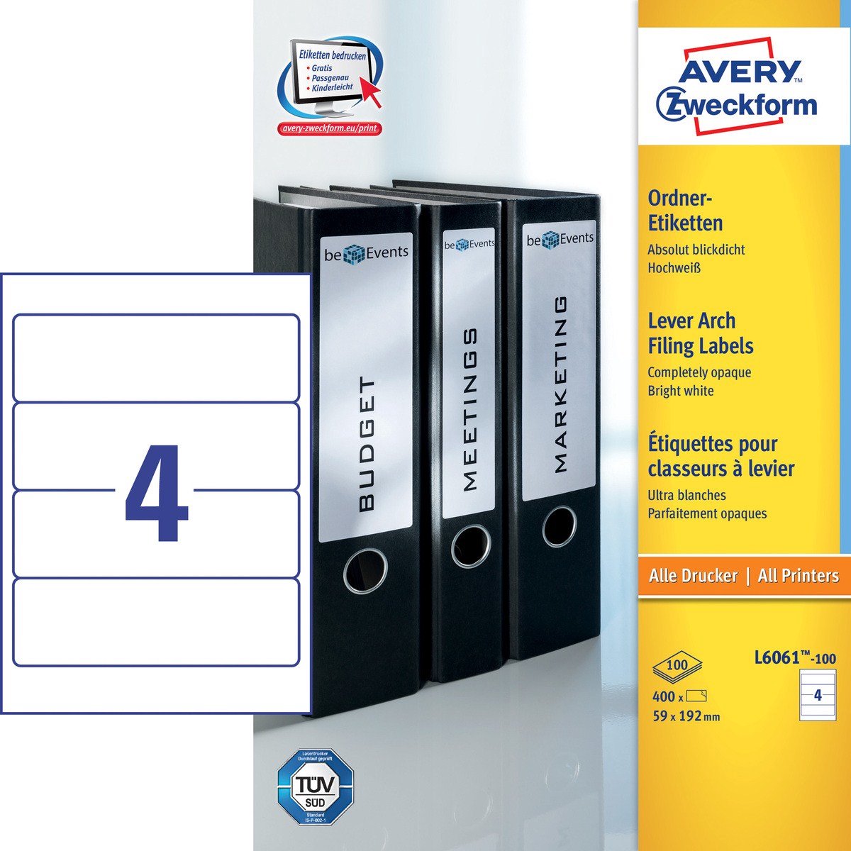 Avery mapperygetiketter, hvid, 192,0 x 59,0 mm, permanent klæbende