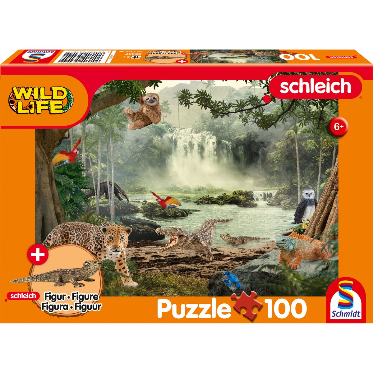 Schmidt - puslespil - vildt liv i regnskoven - schleich - 100 brikker + original figur - børn - fra 6 år