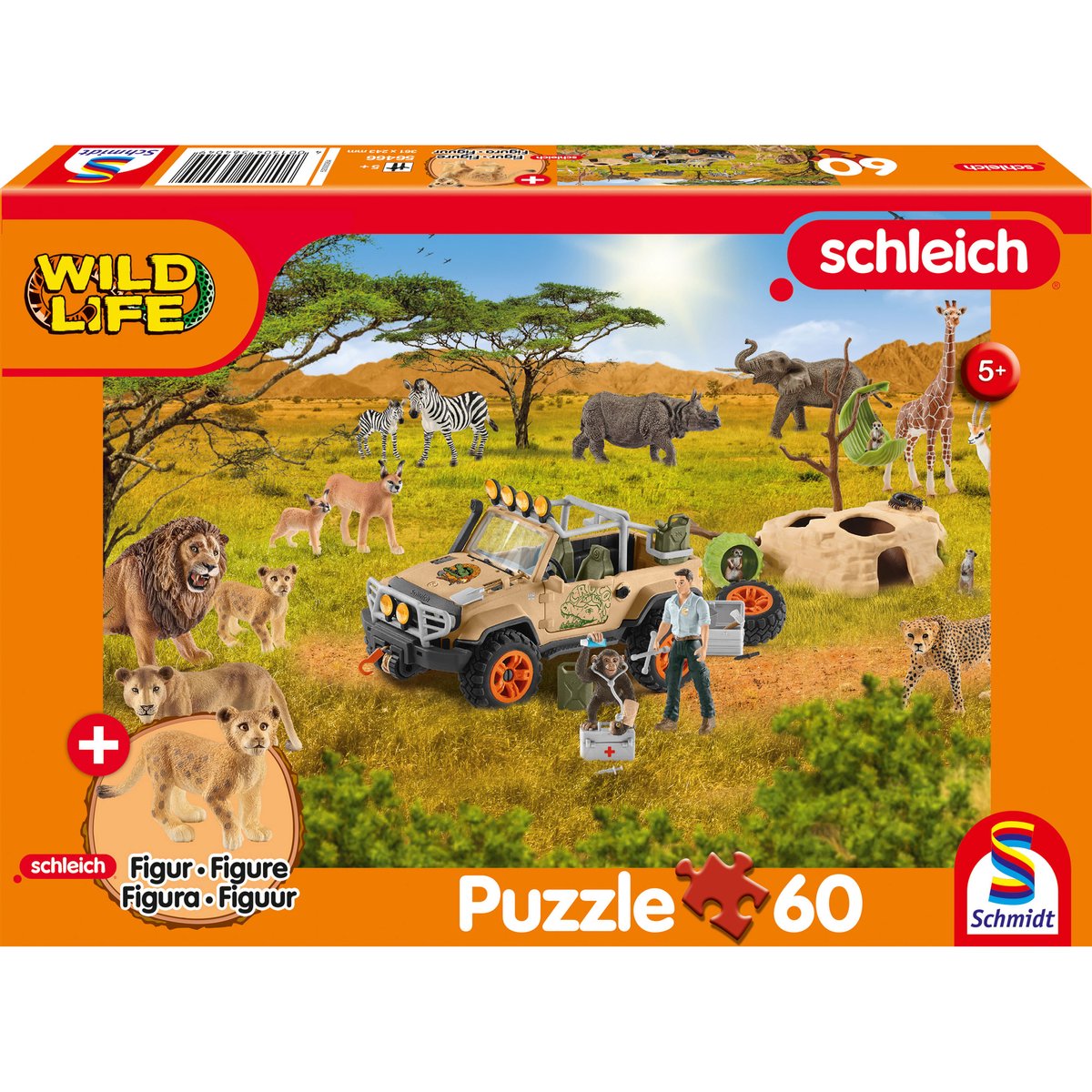 Schmidt - puslespil - vildt liv på savannen - schleich - 60 brikker + original figur - børn - fra 5 år