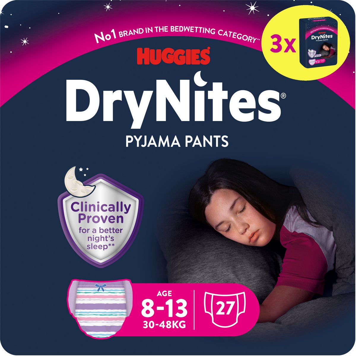 Drynites huggies blebukser - piger - 8 til 13 år (30-48 kg) - 27 stk - værdipakke