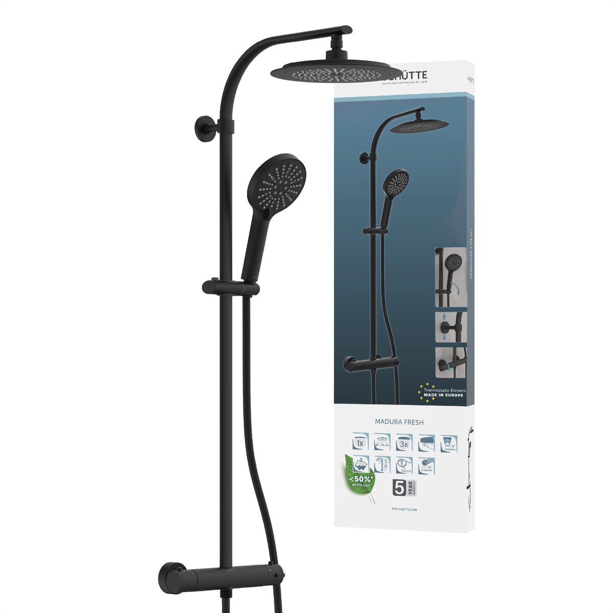 Schütte madura frisk brusesystem - regnbruser - med termostatisk brusehane - centerafstand 150 mm - sort mat
