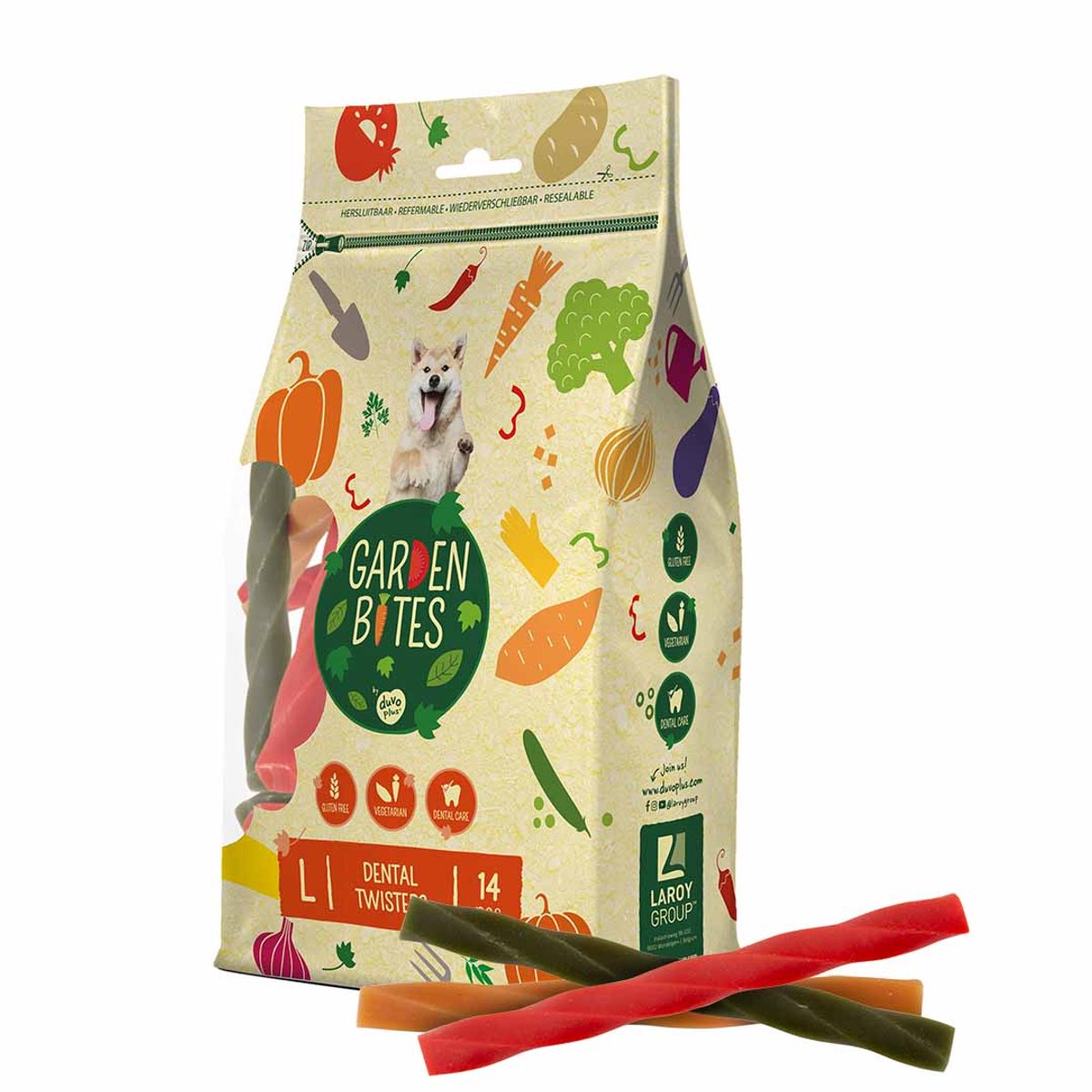 Havebid duvoplus - dental twisters hundesnacks - hundegodbidder - vegetarisk glutenfri - store 14 stk.