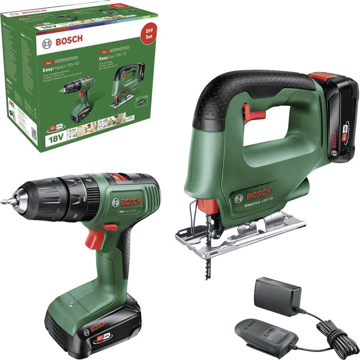 Bosch akku boremaskine med slagfunktion + stiksav værktøjssæt 18v (2 batterier)
