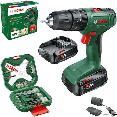 Bosch easyimpact 18v-40 akku slagboremaskine/skruemaskine 18v li-ion + 2 batterier + oplader + 34 tilbehør