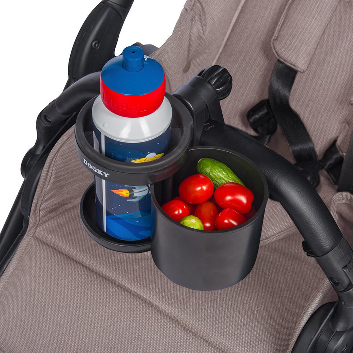 Dooky kop- og snackholder – universal klapvognsholder til kop snacks – kompakt, praktisk og nem at rengøre