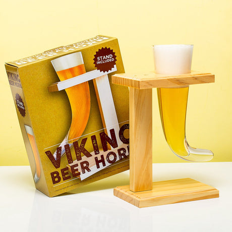 #vindende vikinge-drikkehorn - ølglas - 480ml - sodavand limeglas - inklusive ølholder i træ - 59263