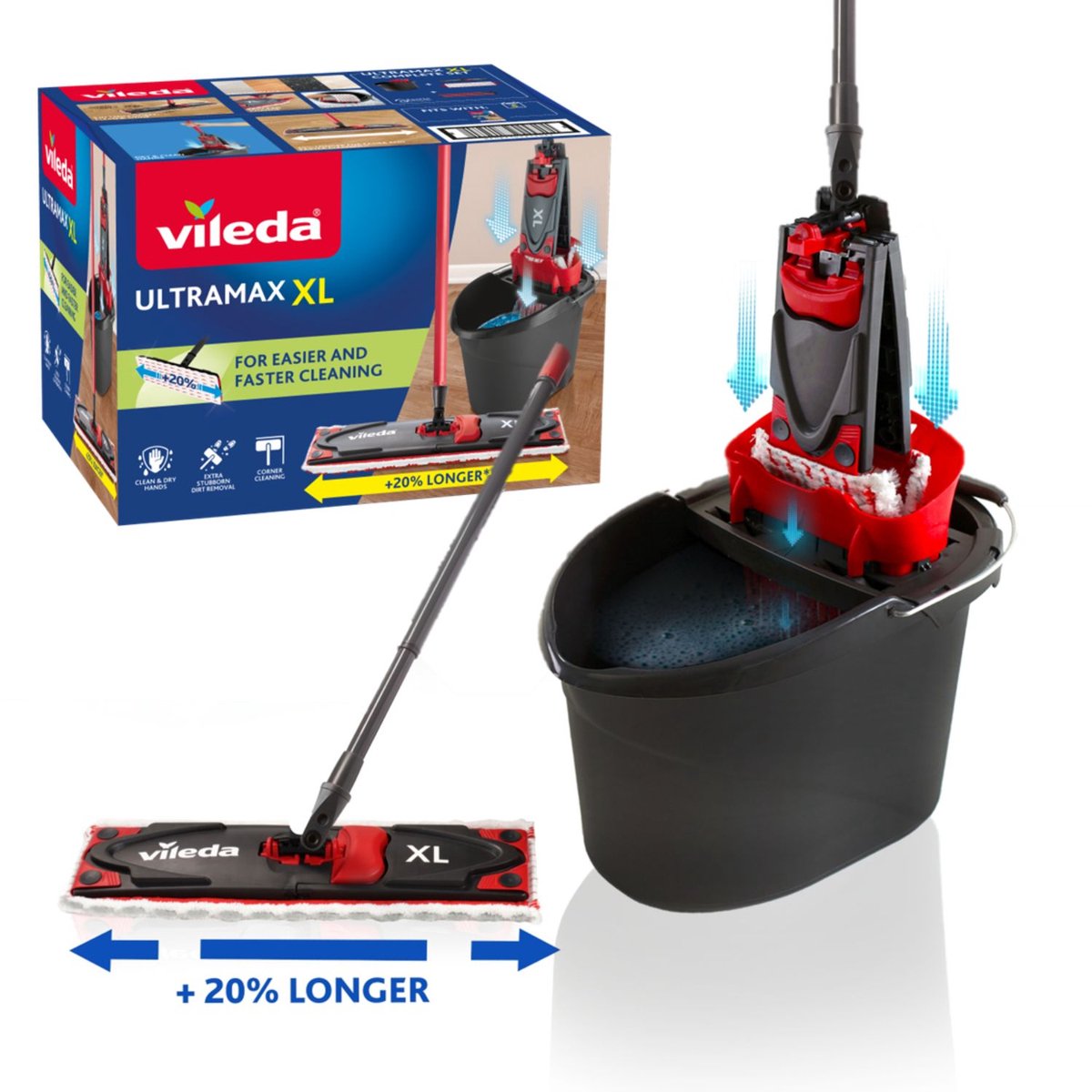 Vileda ultramax xl komplet sæt med moppe og spand - moppesæt med spand - 20% længere hoved - til alle hårde gulvoverflader