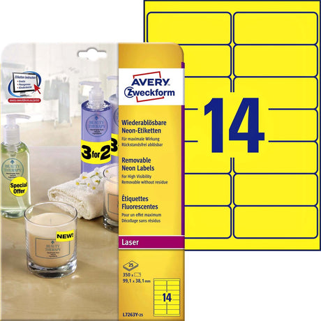 Avery neon labels, neon gul, 99,1 x 38,1 mm, aftagelig