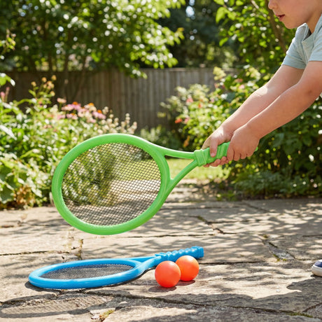 Eddy legetøj tennis legesæt 4-delt - 2 ketchere og 2 bolde - plastik - velegnet til padel og tennis - blå, grøn og rød - 30 x 14,3 x 1,5 cm - 2 års garanti