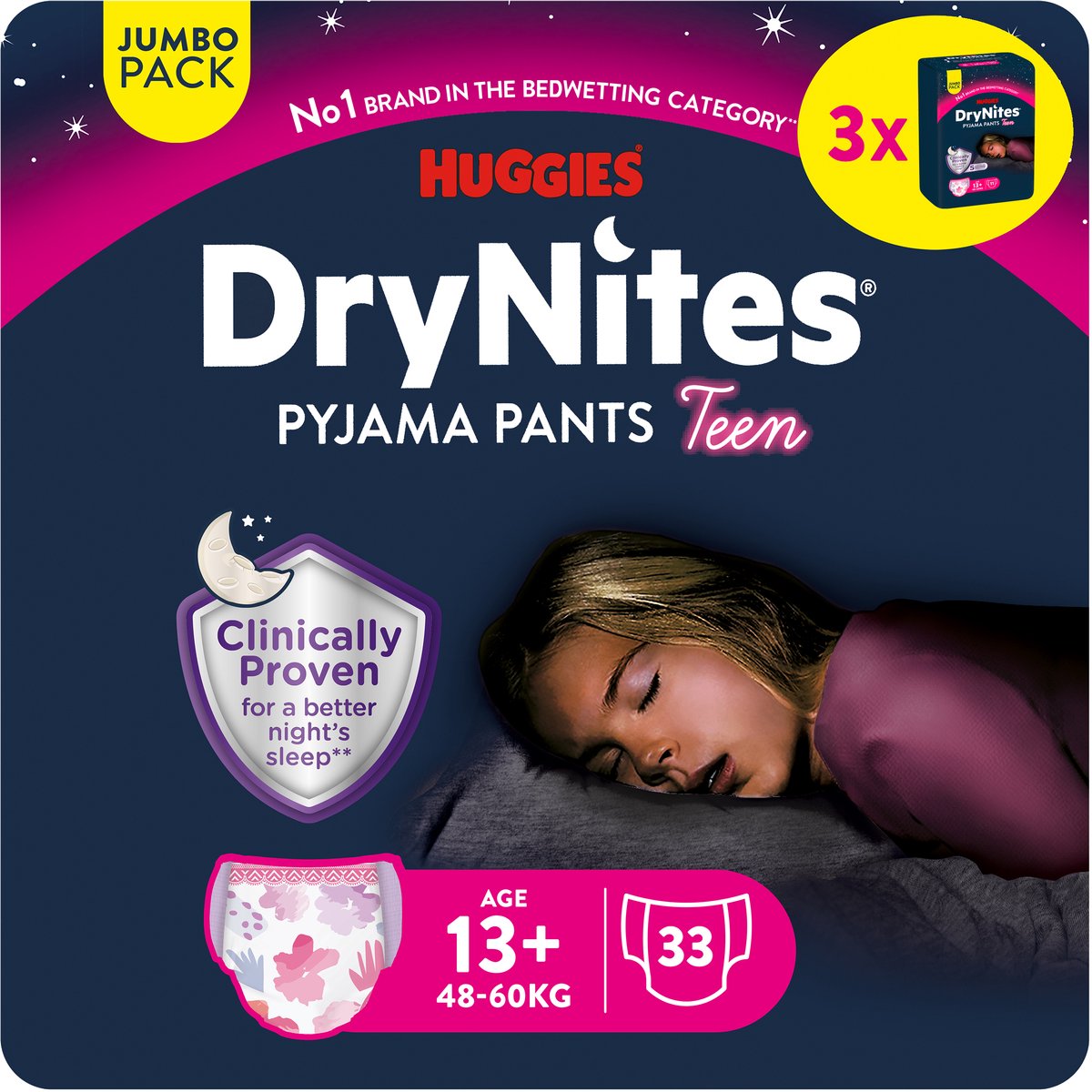 Drynites huggies blebukser - piger - 13+ år (48 - 60 kg) - 33 natbukser - jumbopakke