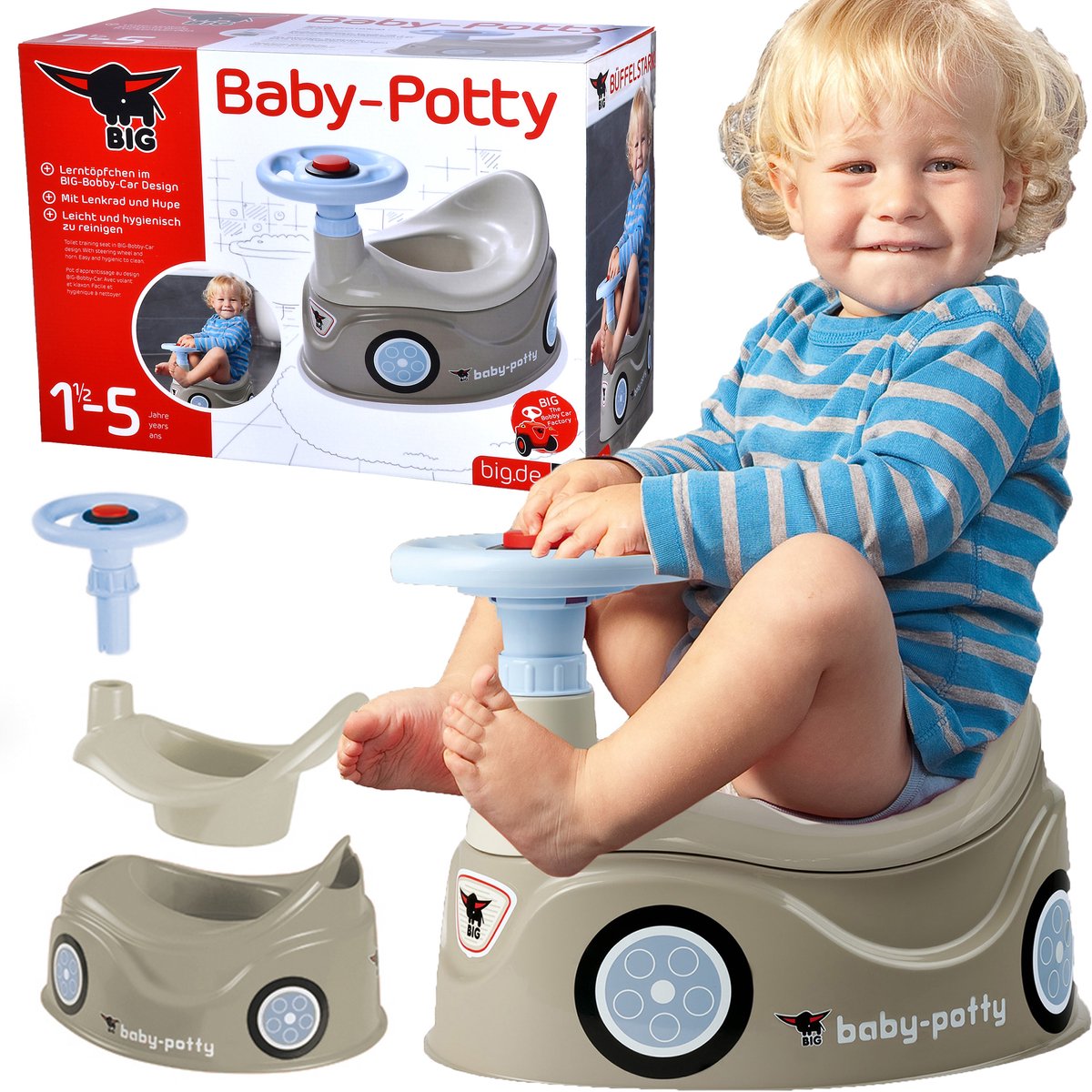 Stor babypotte - tissepotte - med styr - grå