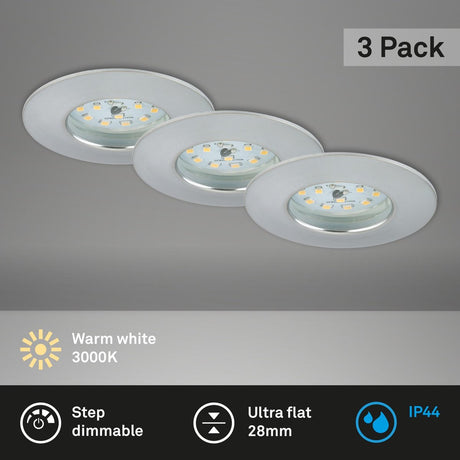 Briloner - LED forsænkede lamper sæt med 3 dæmpbare, hver 6,5 W, 3.000 Kelvin IP44, aluminium farvet ø7,5 cm