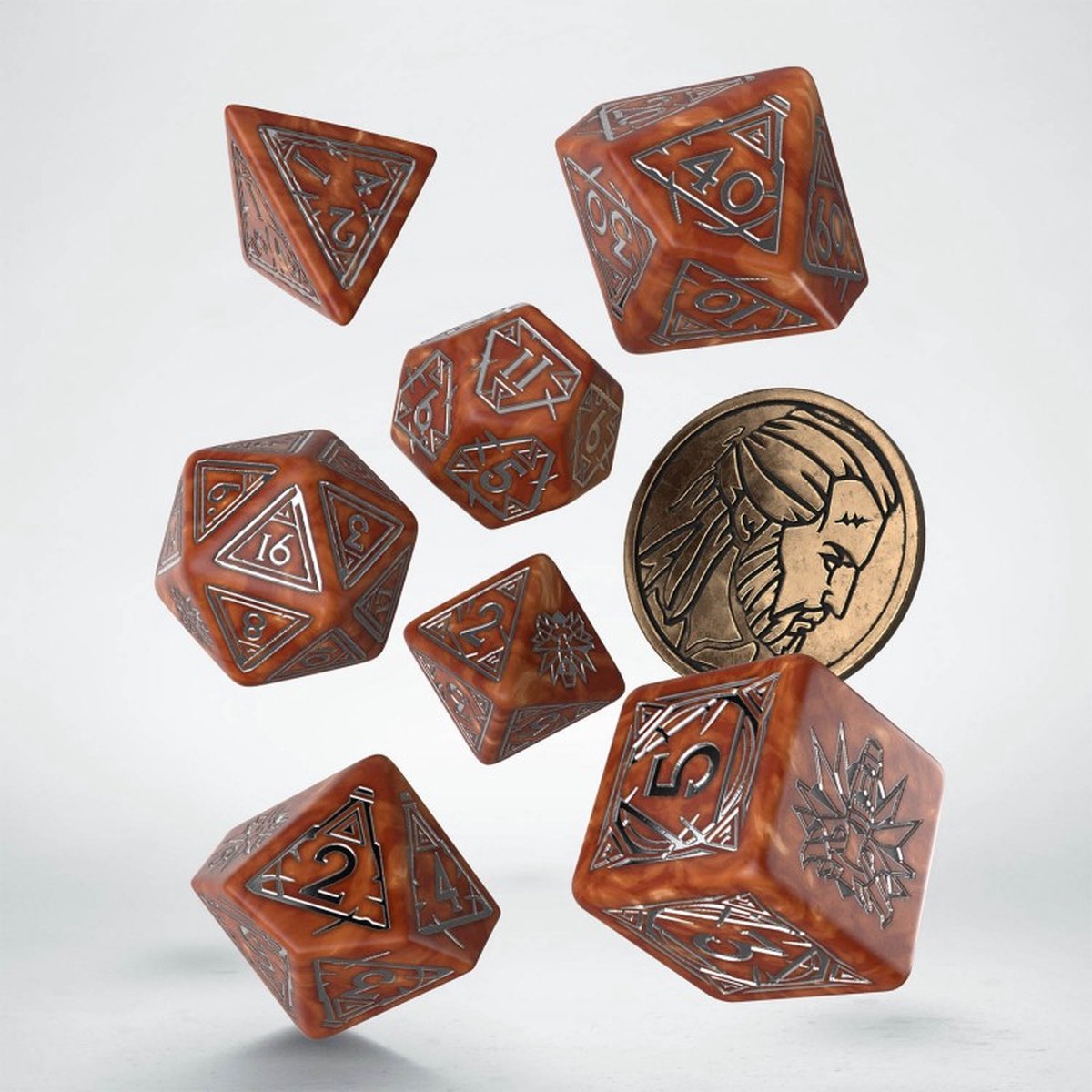 Q-workshop the witcher dice set - geralt - de monsterdoder (7 stuks + munt)