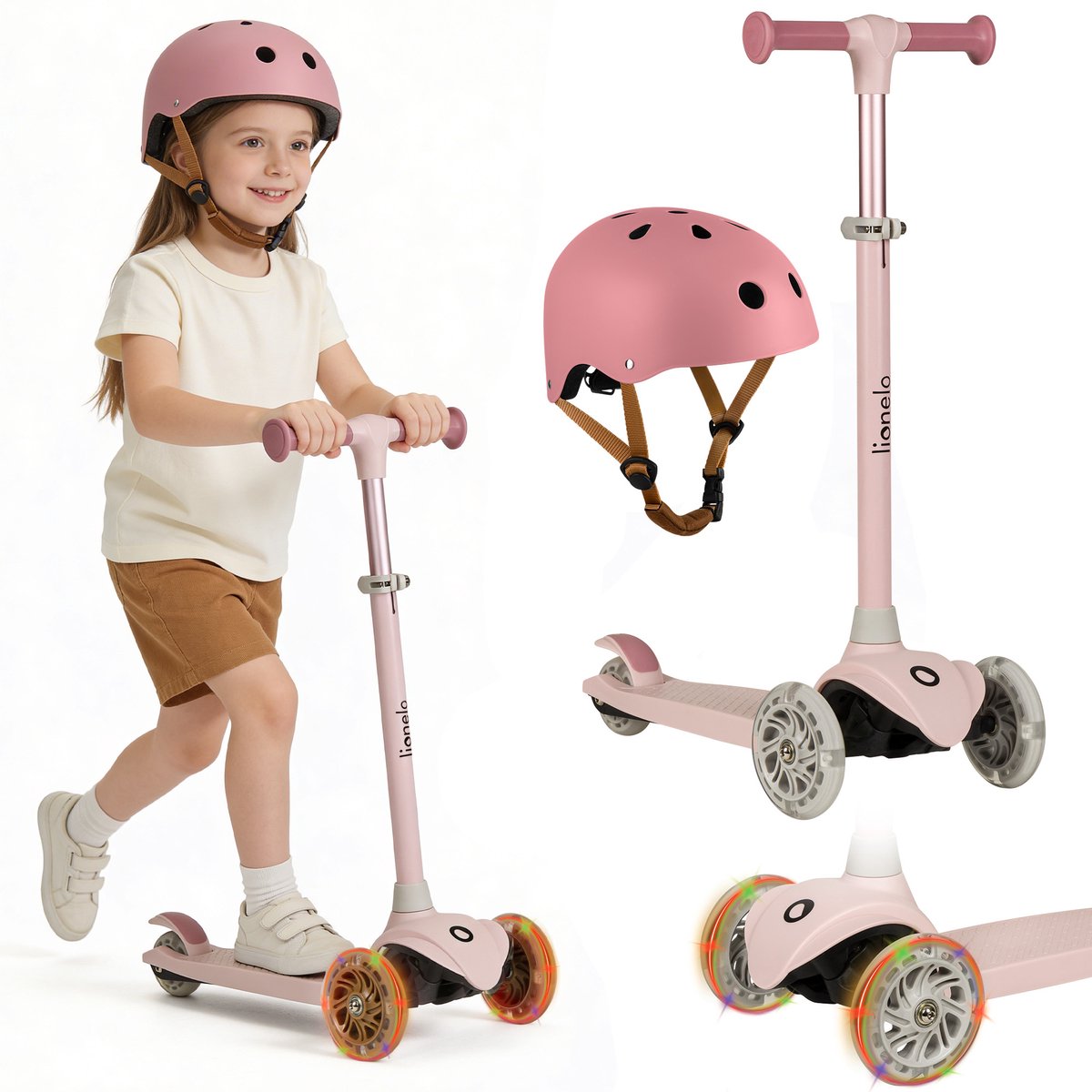 Lionelo jessy børnescooter + børnehjelm - løbehjul 3 hjul - aldersgruppe 3+ - max 50kg - LED belysning i hjulene - højdejusterbar 65-70-75-80 cm