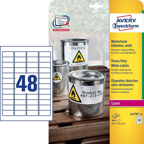 Umærkede sans marque avery ultra-stærke hvide etiketter format 457 x 212 mm (b x h) 960 stykker 48 pr. ark