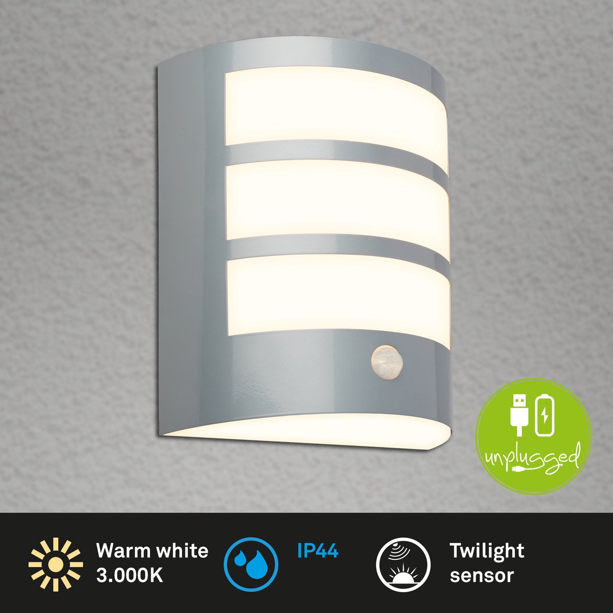 Briloner - LED væglampe batteri - bevægelsessensor - skumringssensor - mat krom - udskifteligt batteri - udskifteligt printkort - 18 x 15 x 7 cm - mat krom