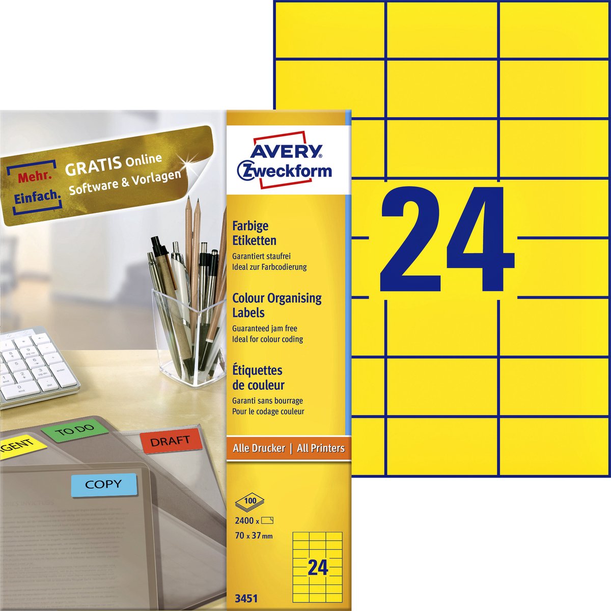 Avery farvede etiketter, gul, 70,0 x 37,0 mm, permanent klæber