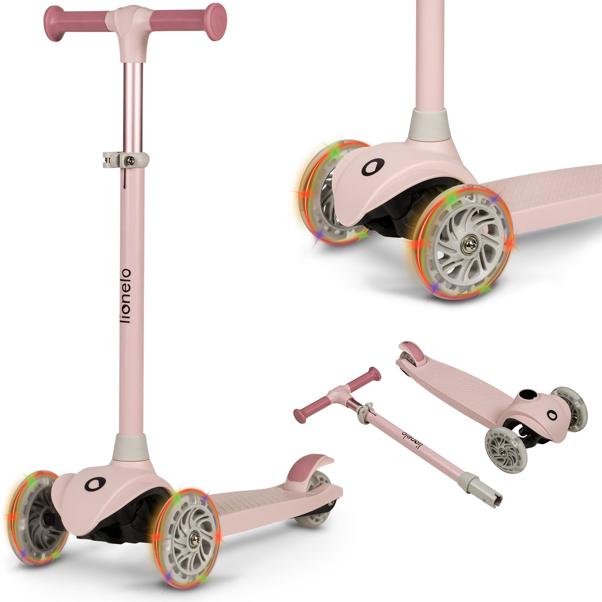 Lionelo jessy børnescooter - løbehjul 3 hjul - aldersgruppe 3+ - max 50kg - LED belysning i hjulene - højdejusterbar 65-70-75-80 cm