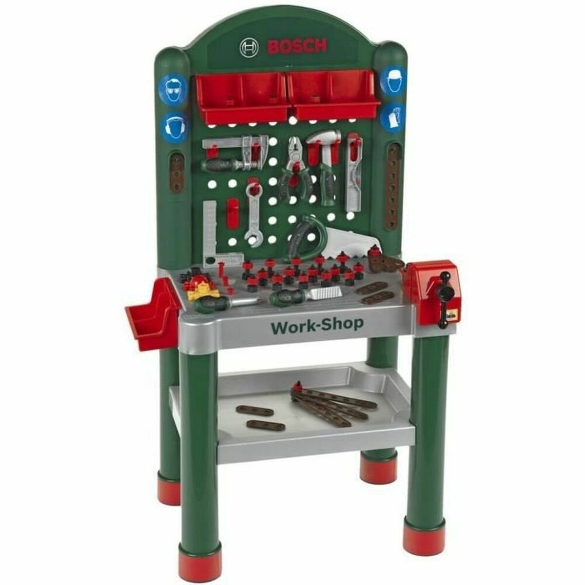 Klein toys bosch mini multifunktionelt legetøjsarbejdsbord – med 79 tilbehør – bordplade med indlæringsfunktion – mørkegrøn