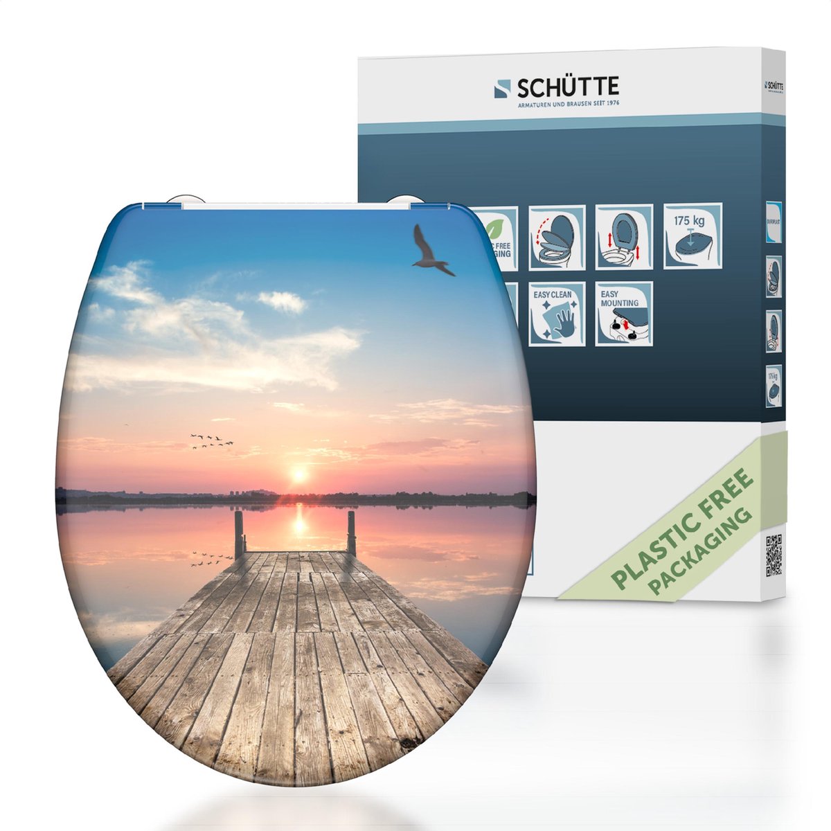 Schütte toiletsæde 82378 sunset sky - duroplast - soft close - klikbar - rustfri stålhængsler - bæreevne op til 175 kg - indretning - 3-sidet print