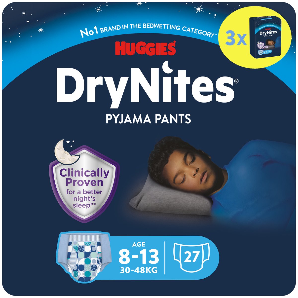 Drynites huggies blebukser - drenge - 8 til 13 år (30 til 48 kg) - 27 stk - værdipakke