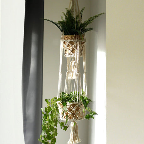 Ancient visdom macramé planteophæng dobbelt - 120 cm - 100% bomuld - håndlavet - hængende planteholder - boho stil