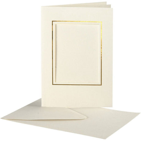 Creativ firma passepartoutkort, rektangel med guldkant, kortstørrelse 10,5x15 cm, kuvertstørrelse 11,5x16,5 cm, råhvid, 10 sæt 1 æske