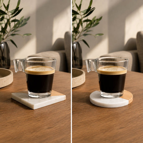 Alpina onderzetters 10x10 cm - natuursteen en bamboe design - rond of vierkant assorti - 4 stuks
