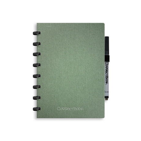 Correctbook a5 uitwisbaar notitieboek – linnen hardcover – herbruikbaar schrift – olive green – gelinieerd – inclusief pen wisdoekje – aanvulbaar met extra pagina’s