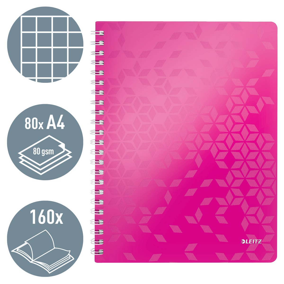 Leitz wow notesbog størrelse 21 x 297 cm (A4) ternet 5 mm pink