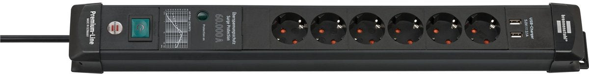 Brennerstuhl premium-line 60.000a overspændingsbeskyttelsesstik med USB-opladningsfunktion 6-vejs sort 3m h05vv-f 3g1.5