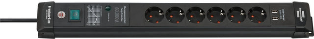 Brennerstuhl premium-line 60.000a overspændingsbeskyttelsesstik med USB-opladningsfunktion 6-vejs sort 3m h05vv-f 3g1.5