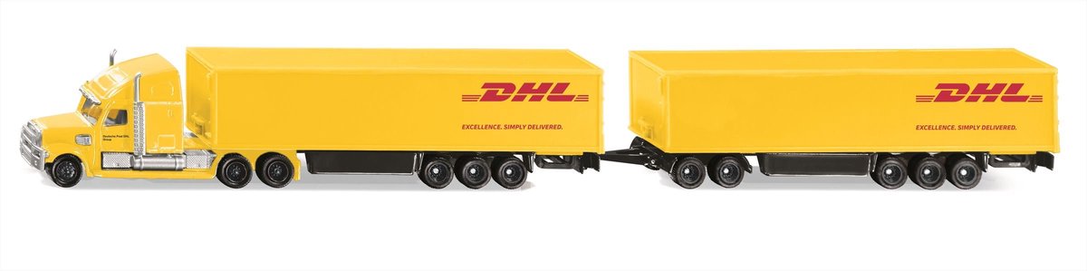 Siku 1806, freightliner dhl road train, traktor med sættevogn og trailer, 1:87, metal plast, gul, aftagelig trailer