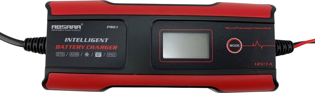 Absaar batterioplader pro 1.0 6 12v 1a - processorstyret - til motorcykler, biler, autocampere