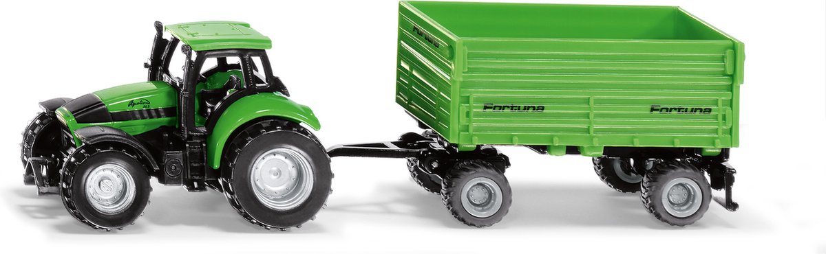 Siku 1606, Deutz-Fahr traktor med 2-akslet Fortuna trailer, metal-plastik, aftagelig kabine, tippvogn, trailer med gummihjul, anhængertræk