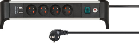 Brennerstuhl alu-kontor-line strømskinne 4-vejs ben jord med USB (stikdåse til skrivebordet med 1,8 m kabel og switch, fremstillet i Tyskland)