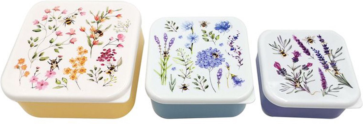 Puckator madkasse snackpotter - sæt med 3 - m l xl - nektar enge - vilde blomsterbier - 6x13,5x13,5cm (xl)