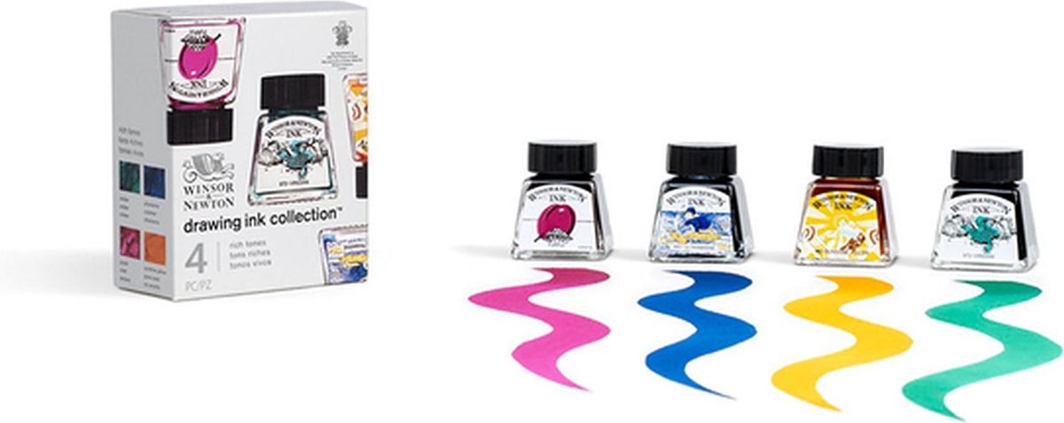 Winsor Newton 1090104 tegneblæksæt "Rich tones" 4x14ml - Hurtigttørrende, gennemsigtigt blæk til pensel, pen og airbrush - opsamling af tegneblæk
