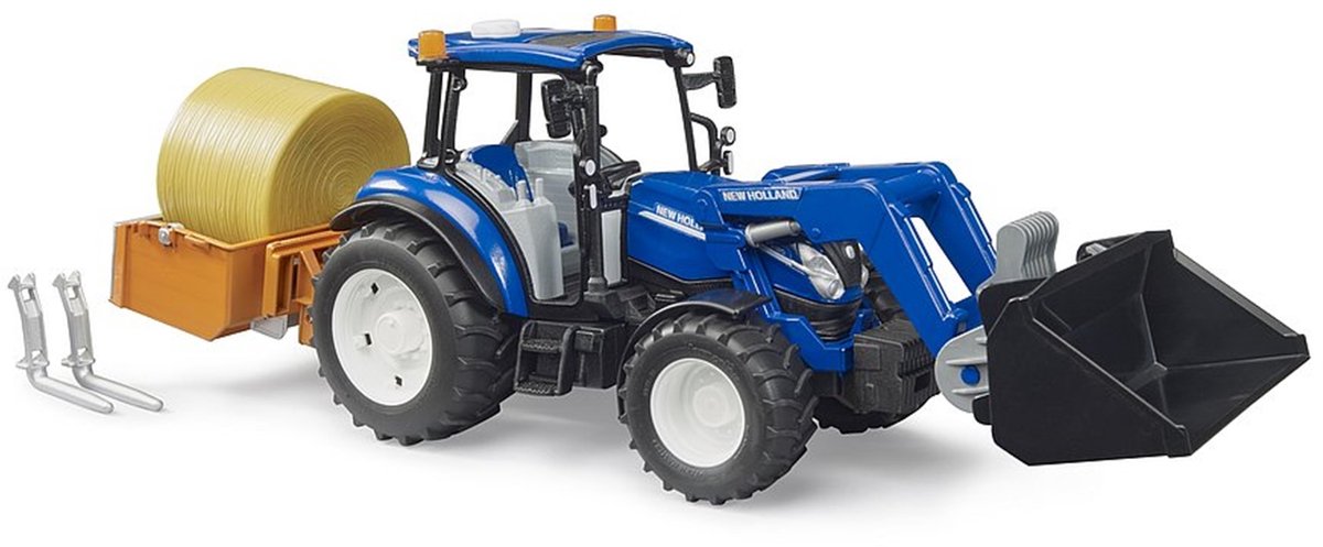 Bruder new holland t5.120 + frontlæsser, skovl, gafler + rundballer 1:16