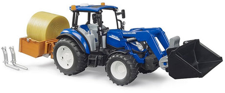 Bruder new holland t5.120 + frontlæsser, skovl, gafler + rundballer 1:16