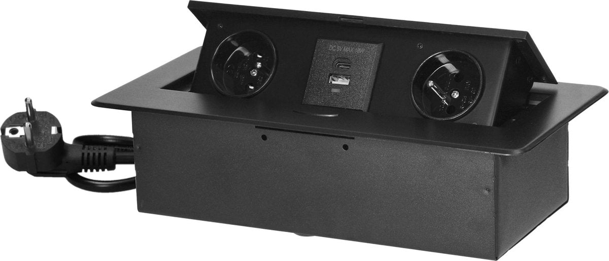 Orno skrivebordsstik med USB A C - pop up strømskinne med 2 stik - indbygget fordelerstik med rustfrit stål finish - fordelerboks med 1,5 meter kabel - til max. 3680 watt - pin earth - sort