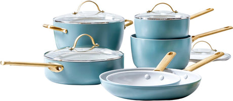 Greenpan padova smokey blue pande sæt 10 dele - 18-28cm - pfas-fri non-stick coating - induktion pande sæt - keramisk pande - med låg - ovnsikker op til 200 grader - smokey blue