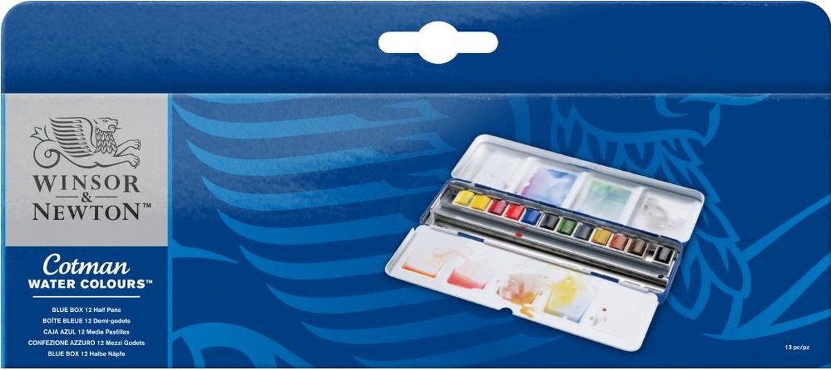 Winsor Newton Cotman akvarelsæt blå æske 12 halve pander
