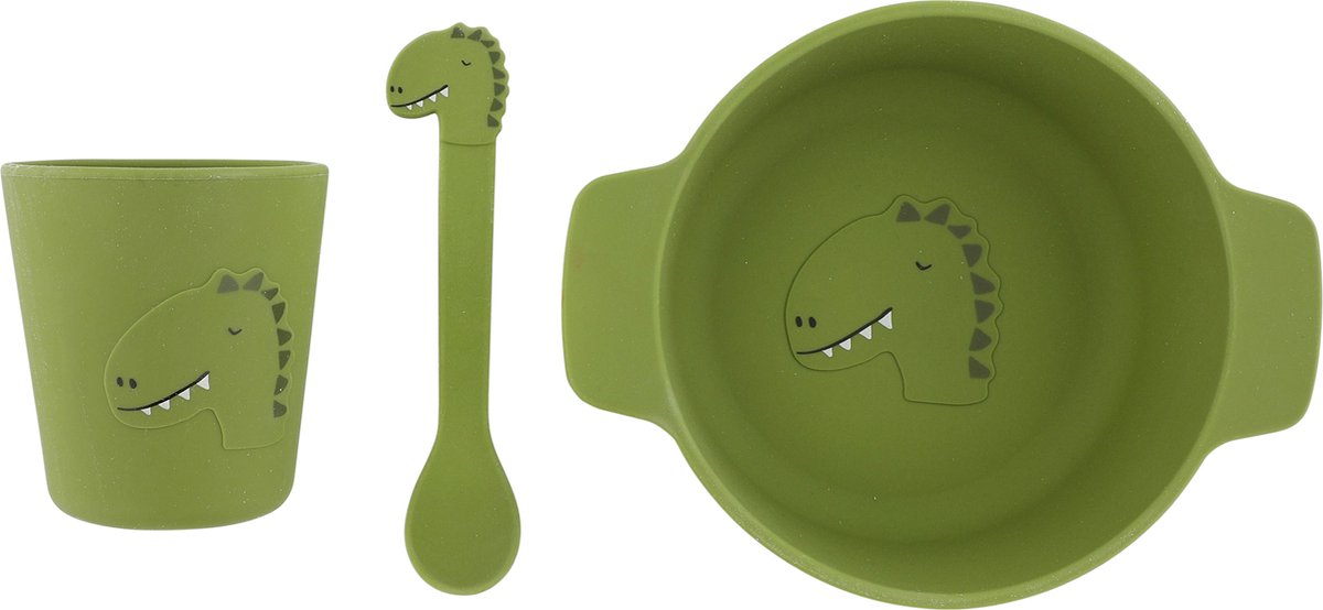 Trixie silikone baby spisesæt Mr. Dino - perfekt barselsgave - baby shower gave - sæt med ske, kop og skål.