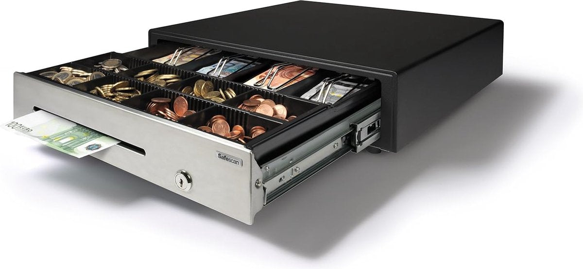 Safescan HD-4141s kraftige pengeskuffe, der holder dine penge sikre - kasseskuffe med 4 seddelrum og 8 møntbakker - kassesystem med RJ-12 tilslutning - robust kasseskuffe på 41 x 41,5 x 11,5 cm