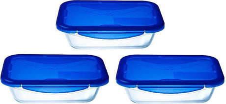 Pyrex - cook go madpakke med låg 800 ml sæt med 3 stykker - gennemsigtig blå