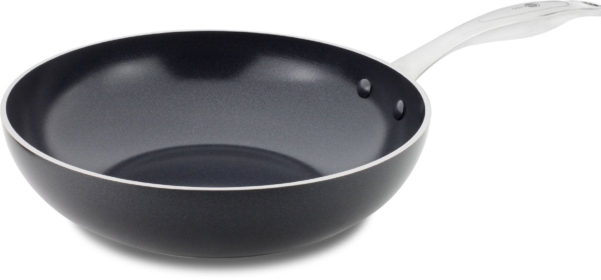 Greenpan brussels keramisk induktionswokpande uden låg ø28cm - 3,6l - pfas-fri - induktionswokpande - ovntåler op til 220°c - tåler opvaskemaskine - hurtig opvarmning - rustfri stålhåndtag - sort